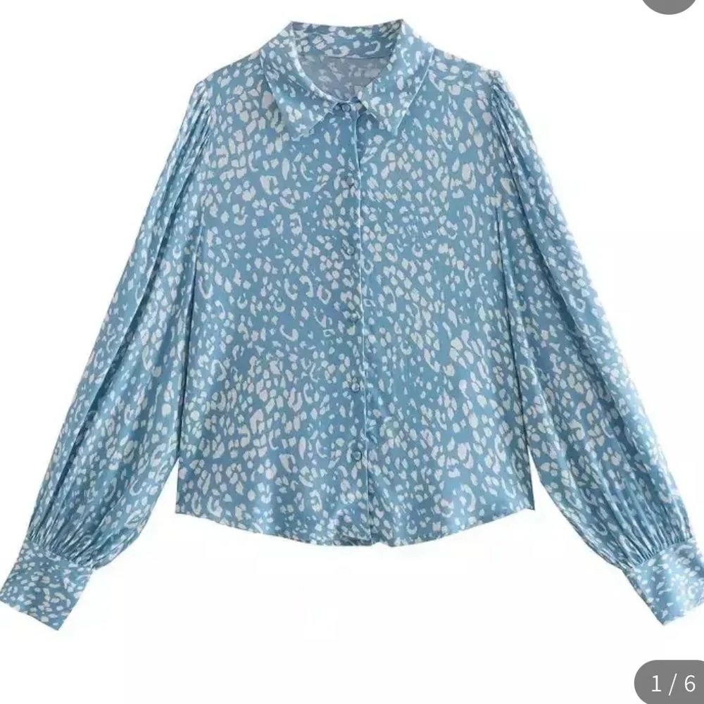 Zara blue and white rare Marilyn long sleeve button down collared blouse…